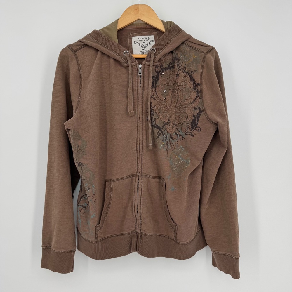 Sonoma Life Style Brown Zip Up Hoodie Floral Applique Studded XL